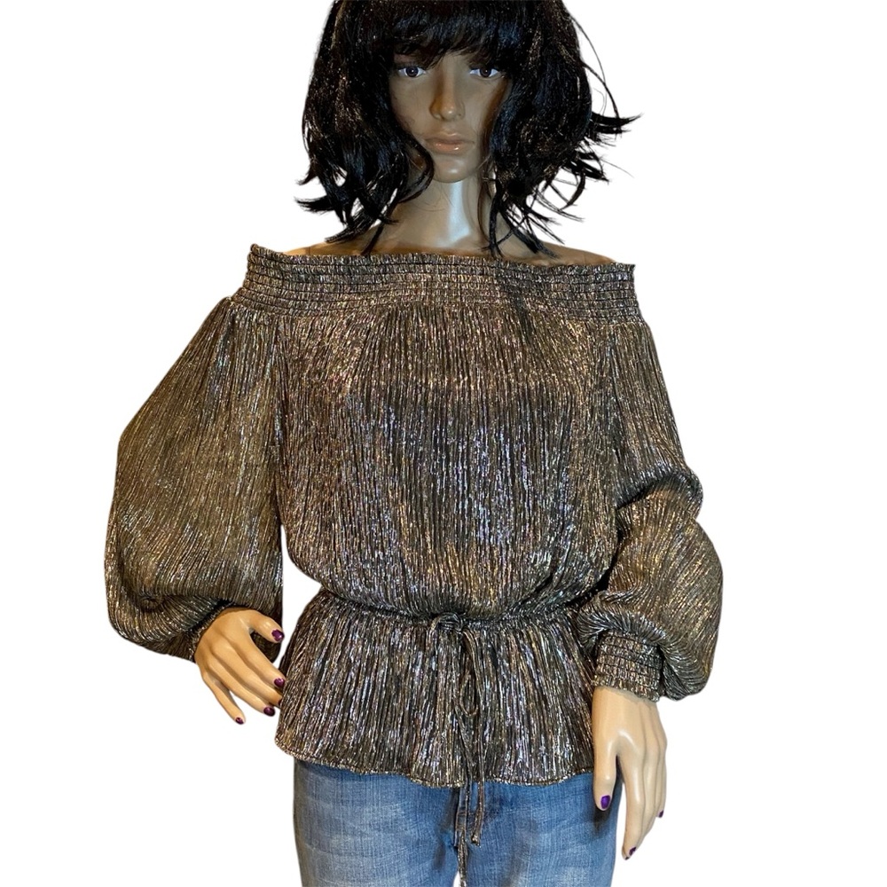 White House Black Market WHBM Off-the-Shoulder Gold Black Shimmer Top Small EUC